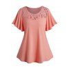 T-shirt Décontracté Simple Panneau en Dentelle en Couleur Unie Manches Bouffantes à Col Rond - orange clair XL