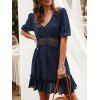 Hollow Out Ruffle Dress Solid Color Short Sleeve V Neck Casual Mini Dress - DEEP BLUE L