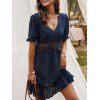 Hollow Out Ruffle Dress Solid Color Short Sleeve V Neck Casual Mini Dress - DEEP BLUE L