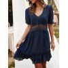Hollow Out Ruffle Dress Solid Color Short Sleeve V Neck Casual Mini Dress - DEEP BLUE L