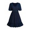 Hollow Out Ruffle Dress Solid Color Short Sleeve V Neck Casual Mini Dress - DEEP BLUE L