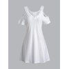 Cold Shoulder Eyelet Embroidery Dress Plain Color Guipure Casual Shift Dress - WHITE L