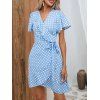 Polka Dots Print Belted Wrap Dress Ruffles Flutter Sleeve Casual Mini Dress - LIGHT BLUE XL