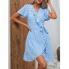 Polka Dots Print Belted Wrap Dress Ruffles Flutter Sleeve Casual Mini Dress - LIGHT BLUE XL