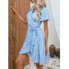 Polka Dots Print Belted Wrap Dress Ruffles Flutter Sleeve Casual Mini Dress - LIGHT BLUE XL