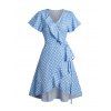 Polka Dots Print Belted Wrap Dress Ruffles Flutter Sleeve Casual Mini Dress - LIGHT BLUE XL