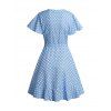 Polka Dots Print Belted Wrap Dress Ruffles Flutter Sleeve Casual Mini Dress - LIGHT BLUE XL