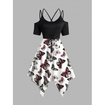 

Butterfly Print Lace Up Dress Dual Strap Handkerchief Dress, Black