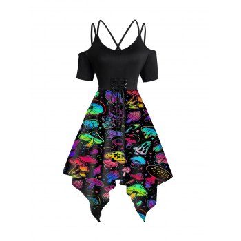 

Mushroom Print Lace Up Dress Cold Shoulder Dual Strap Casual Dress, Black