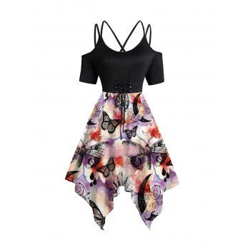 

Butterfly Print Lace Up Dress Cold Shoulder Dual Strap Handkerchief Midi Dress, Black
