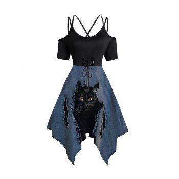 

3D Cat Print Lace Up Dress Cold Shoulder Dual Strap Midi Dress, Black