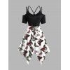 Butterfly Print Lace Up Dress Dual Strap Handkerchief Dress - BLACK XXL