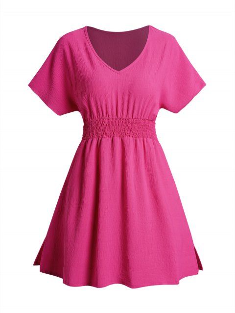 Plain Color Smocked Waist Dress V Neck Casual A Line Mini Dress