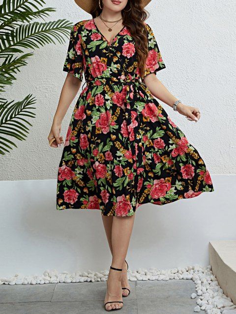 Plus Size Flower Allover Print Surplice Dress Belt Casual Flowy Dress