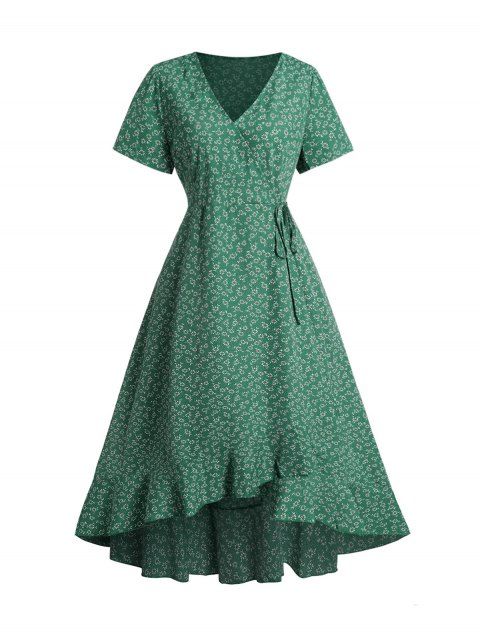Daisy Print Ruffles Wrap Dress Short Sleeve Casual Cottagecore Dress