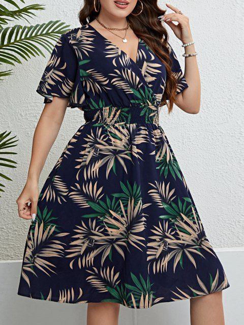 Plus Size Tropical Leaf Print Surplice Dress Fultter Sleeve Smocked Waist Midi Dress