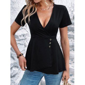 

Plain Color Surplice T Shirt Plunging Neck Mock Button Casual Tee, Black