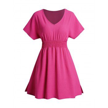 

Plain Color Smocked Waist Dress V Neck Casual A Line Mini Dress, Red