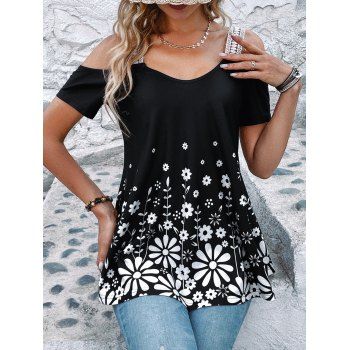 

Cold Shoulder Floral Print T-shirt Lace Strap Short Sleeve Tee, Black