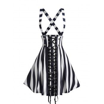 

Colorblock Striped Print Suspender Skirt Ribbon Lace Up Mock Button Casual Skirt, Black