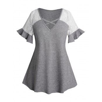 

Plus Size Lace Ruffle T Shirt Crisscross V Neck Casual Top, Gray