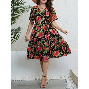 

Plus Size Flower Allover Print Surplice Dress Belt Casual Flowy Dress, Red