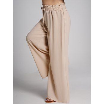 

Plain Color Wide Leg Pants Pockets Drawstring Flowy Casual Paperbag Pants, Light coffee