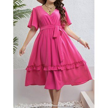 

Ruffles Belt Surplice Dress Plain Color Flutter Sleeve Casual Midi Dress, Light pink