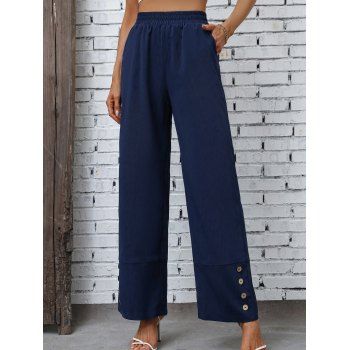 

Plain Color Wide Leg Flared Pants Mock Button Pockets Casual Pants, Deep blue