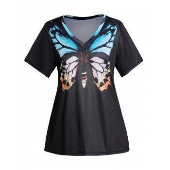 

Plus Size Butterfly Print T Shirt Short Sleeve V Neck Casual Tee, Black