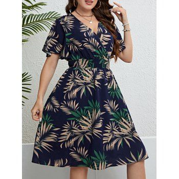 

Plus Size Tropical Leaf Print Surplice Dress Fultter Sleeve Smocked Waist Midi Dress, Deep blue
