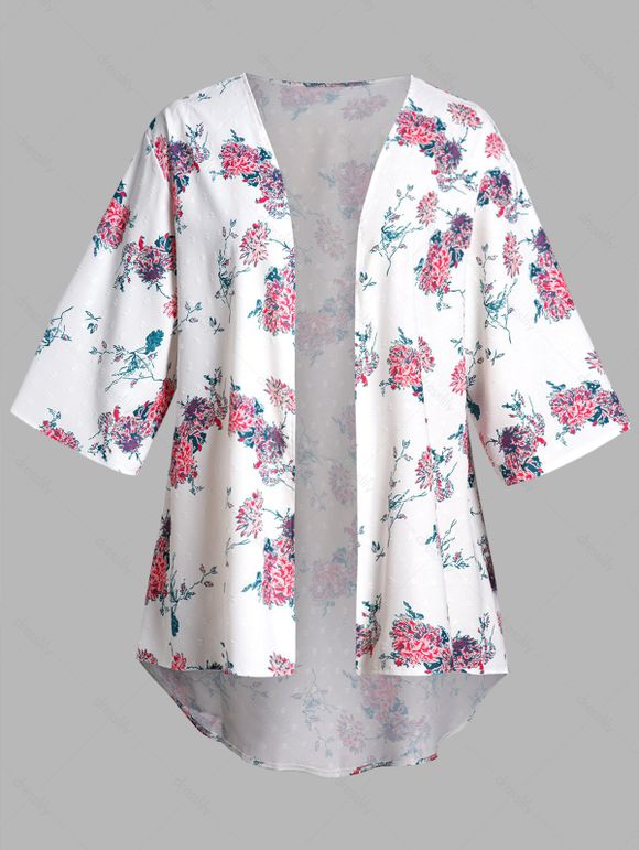 Haut de Cache-maillot Décontracté à Imprimé Fleur à Ourlet Asymétrique Ouvert en Avant Grande Taille - Blanc 3XL