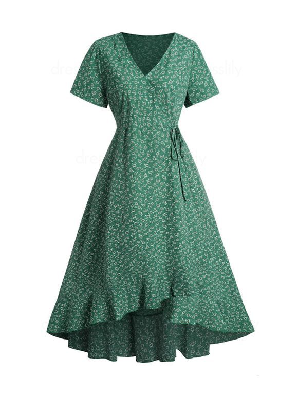 Robe Portefeuille Décontractée à Imprimé Marguerite à Manches Courtes de Cottagecore - Vert profond XL
