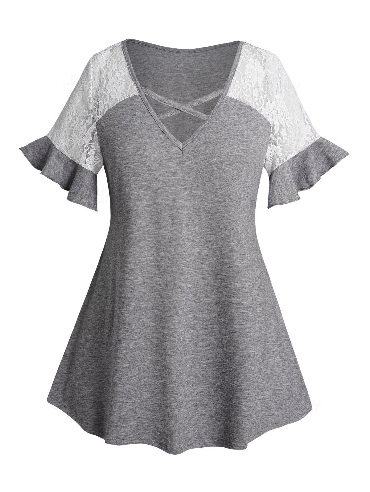 Dresslily Plus Size Lace Ruffle T Shirt Crisscross V Neck Casual Top