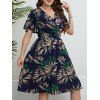 Plus Size Tropical Leaf Print Surplice Dress Fultter Sleeve Smocked Waist Midi Dress - DEEP BLUE 4XL