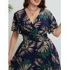 Plus Size Tropical Leaf Print Surplice Dress Fultter Sleeve Smocked Waist Midi Dress - DEEP BLUE 4XL