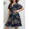 Plus Size Tropical Leaf Print Surplice Dress Fultter Sleeve Smocked Waist Midi Dress - DEEP BLUE 4XL
