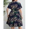 Plus Size Tropical Leaf Print Surplice Dress Fultter Sleeve Smocked Waist Midi Dress - DEEP BLUE 4XL