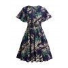 Plus Size Tropical Leaf Print Surplice Dress Fultter Sleeve Smocked Waist Midi Dress - DEEP BLUE 4XL