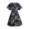 Plus Size Tropical Leaf Print Surplice Dress Fultter Sleeve Smocked Waist Midi Dress - DEEP BLUE 4XL