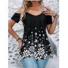 T-shirt à Épaules Nues à Manches Courtes en Dentelle à Imprimé Floral - Noir L
