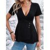 T-shirt Décontracté Superposé en Couleur Unie à Col Plongeant avec Faux Bouton - Noir L