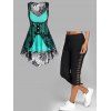 Asymmetric Colorblock Lace Sleeveless Two Piece Tops And Lace Up Capri Leggings Outfit - multicolor S