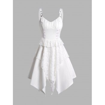 

Pure Color Layer Lace Asymmetric Vintage Dress Lace Up Ruched Buckle Strap Midi Dress, White