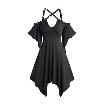 

Gothic Cold Shoulder Eyelet Strap Asymmetric Dress Solid Color Ruched Crossover Midi Dress, Black