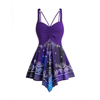 

Plus Size Galaxy Skull Paisley Print Ruched Tank Top O Ring Casual Asymmetric Top, Purple