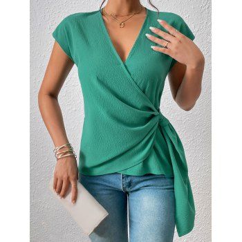 

Plain Color Wrap Blouse Cap Sleeve Textured Casual Top, Green