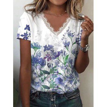 

Aquarelle Flower Print T Shirt Eyelash Detail V Neck Casual Top, White