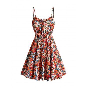 

Floral Allover Print Sundress Tied Spaghetti Strap Casual Mini Dress, Multicolor