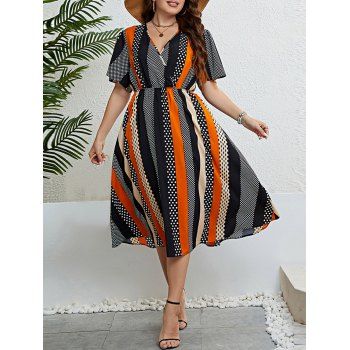 

Plus Size Striped Print Surplice Dress Short Sleeve A Line Flowy Dress, Multicolor a